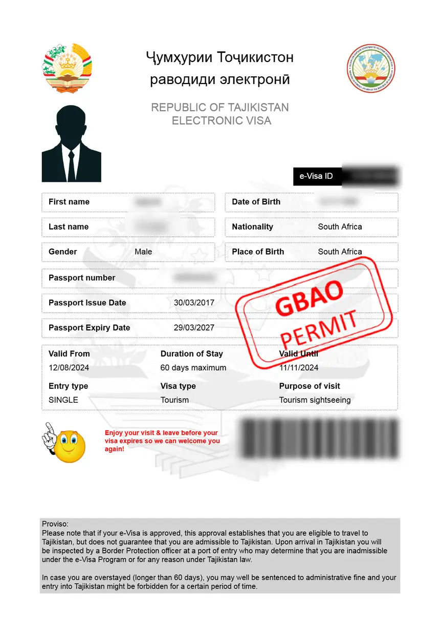 Tajikistan eVisa – sample document